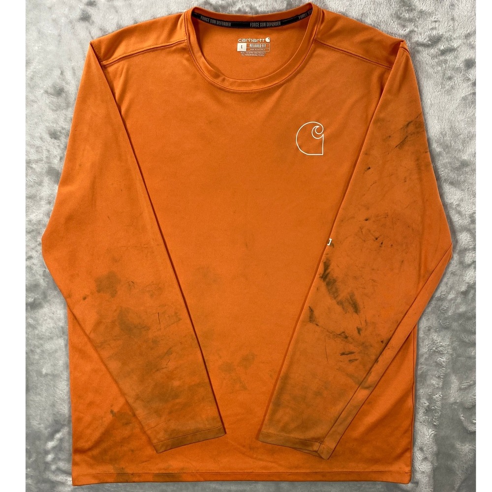 Carhartt Force Sundefender Shirt Mens Large Orange Relaxed Long Sleeve Stained